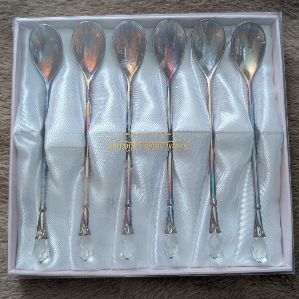 🆕🫰🏼 Vintage Iridescent Silver Teaspoon Set with Crystal Accents